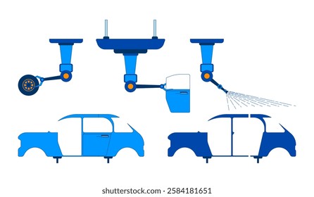 Automotive parts manufacturing 2D cartoon objects set. Car production. Vehicle assembly robotic arms isolated elements flat vector cliparts on white background. Spot illustrations collection