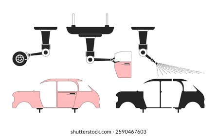 Automotive parts manufacturing black and white 2D line objects set. Car production. Vehicle assembly robotic arms isolated clip arts vector outline items collection. Monochrome spot illustrations