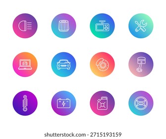 Automotive parts, tools, diagnostics. Vector set of 12 round gradient icons featuring piston, battery, laptop, and steering wheel for car repair, garage, and UI design.