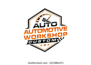 Automotive piston workshop logo design speedo meter badge style custom car service engine tune up icon symbol illustration