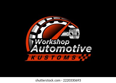 Automotive piston workshop logo design speedo meter badge style custom car service engine tune up icon symbol illustration