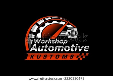 Automotive piston workshop logo design speedo meter badge style custom car service engine tune up icon symbol illustration