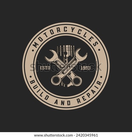 Automotive piston workshop service logo design Vintage emblem. motorcycle repair service engine tune up icon symbol illustration.