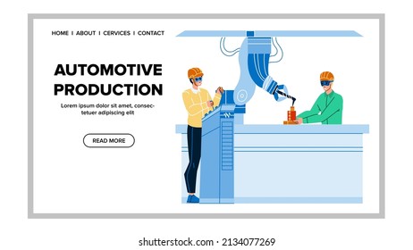 Automotive Production Factory Conveyor Vector. Industrial Robotic Automotive Production Plant Machinery Equipment Inspecting And Checking Serviceman. Characters Web Flat Cartoon Illustration