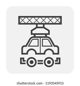 Automotive production industry vector icon. Manufacturing process of factory plant. Consist of automobile, car or vehicle suspended on lifting equipment or chain conveyor in automated assembly line.