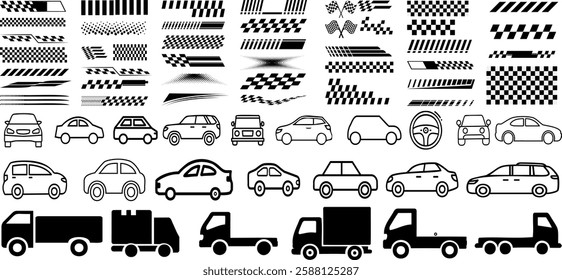 automotive racing stripes vector car silhouette set, truck icons, checkered flag decals, speed graphics, vehicle outlines, transport illustrations, racing design elements, transport symbols