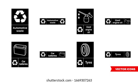 Automotive recycling signs icon set of black and white types. Isolated vector sign symbols. Icon pack.