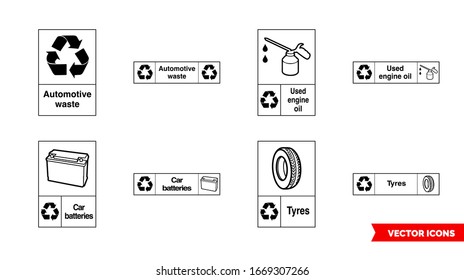 Automotive recycling signs icon set of color types. Isolated vector sign symbols. Icon pack.