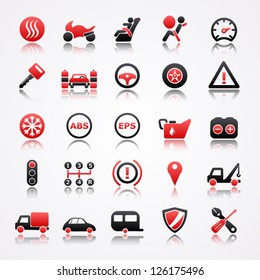 Automotive red icons with reflection.