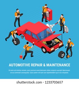 Automotive repair isometric concept with maintenance and equipment symbols vector illustration
