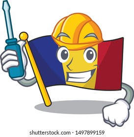 Automotive romanian flag hoisted on character pole