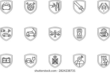 Automotive Safety and Smart Mobility Shield Line Icons Set Featuring ADAS, Airbag, ABS, EV Charging, GPS Navigation, Parking Assist and Roadside Assistance Vector Collection.eps
