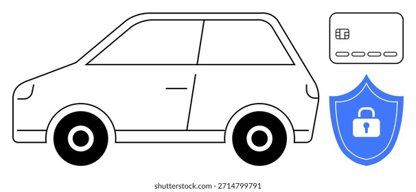 Segurança automotiva, proteção de pagamento, segurança digital, transações seguras, criptografia de dados, seguro automóvel. Contorno de um carro com um cartão de crédito e um escudo com uma fechadura. Segurança automotiva