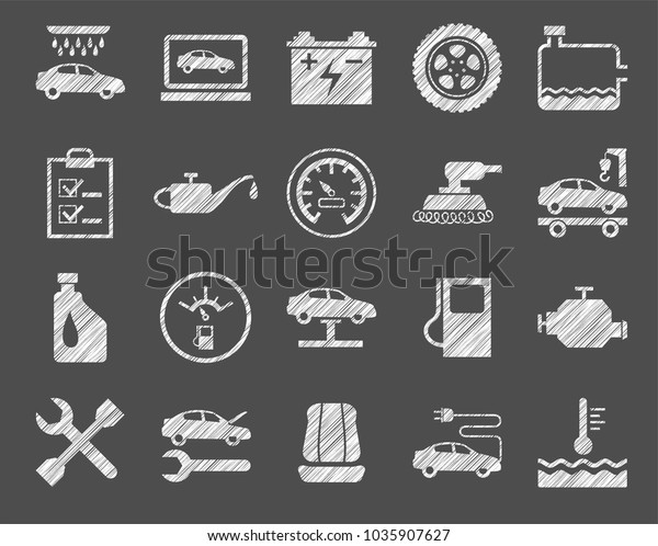 The automotive\
service. One-color, flat icons. Hatching with a white pencil on a\
gray field. Imitation. 