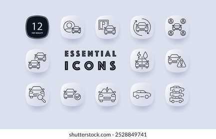 Icono de conjunto automotriz. Compartir coche, aparcamiento, rotación de vehículos, coche compartido, carga, mantenimiento del coche, búsqueda de coches, seguros, coche eléctrico, comparación de vehículos. Adecuado para servicios de transporte y automoción