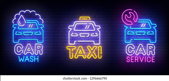 Automotive set neon logo. Car Wash. Taxi and Car Service label and emblem. Neon sign, isolated sticker, bright signboard, light banner. Vector illustration