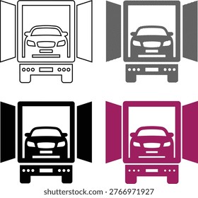 Automotive shipping vector illustration featuring open trailer with sedan car inside, professional transport logistics and freight delivery concept for car dealership industry.