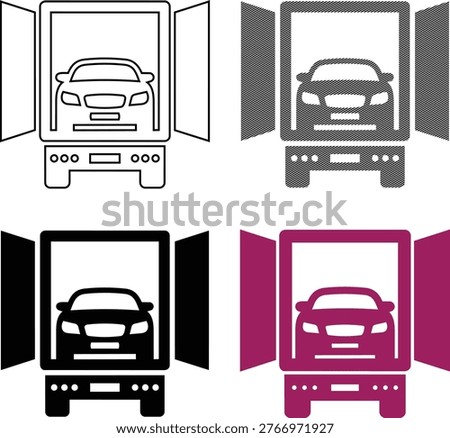 Automotive shipping vector illustration featuring open trailer with sedan car inside, professional transport logistics and freight delivery concept for car dealership industry.
