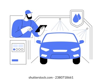 Automotive shower test abstract concept vector illustration. Process of car waterproofing testing at factory, vehicle final check, automotive industry, car manufacturing abstract metaphor.