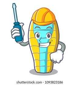 Automotive sleeping bad mascot cartoon