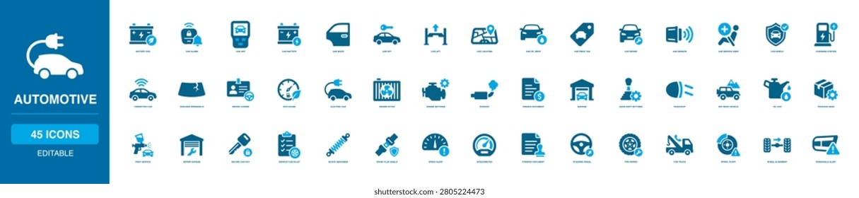 Automotive Solid Icon Set with battery eco, car alarm, car key, repair garage, charging station, connected car, electric car, engine settings, tire repair, tow truck and wheel alert