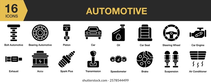 Automotive solid icon set. Includes automotive, vehicle, car, automobile, service, equipment, and More. Solid icons vector collection.