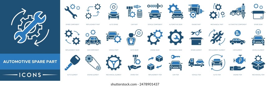 Automotive Spare Part icon. Spare Component, Replacement Part, Auto Spare, Car Part, Vehicle Component, Automotive Gear, Engine and Mechanical Part