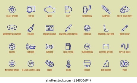 automotive spare parts icons set