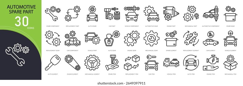 Automotive spare parts related icon collections. Containing tire, engine, brake, battery, gear, piston, filter, wrench, axle, and radiator icons. Outline icons.