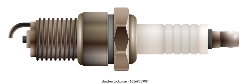 automotive spark plug. Replacement of car parts in service center. Vector in realistic style