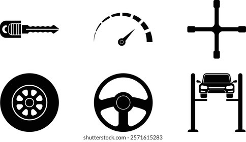 Automotive Speedometer, Cross Wrench, Lift, Steering Wheel, Tire, Key. Car Repair Service Icons