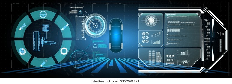 Diagrama de infografía del Sistema de Dirección Automotriz que muestra ambos tipos Sistema de control de conducción sin asistencia del conductor Vector de conducción seguro Interfaz de usuario de coche futurista HUD UI Holograma del escaneo del coche