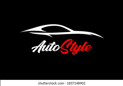 Automotive style car logo design with concept sports vehicle icon silhouette isolated on black background. Vector illustration.