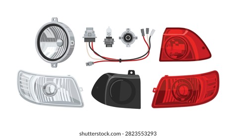 Automotive tail light components including red lenses, circular reflectors, and wiring harnesses for vehicle repair and maintenance.