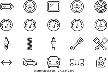 Los componentes de la tecnología automotriz, como una batería, el volante, el GPS, el velocímetro, el resorte, las piezas del motor, el modelo de automóvil y la cámara, se representan en una colección de íconos de contorno negro.