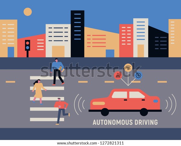 Automotive technology to keep pedestrians and\
safety distances crossing the road concept illustration. flat\
design vector graphic\
style.
