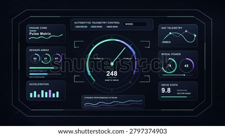 Automotive Telemetry Control HUD UI Vector. Dark automotive telemetry HUD UI with central speed gauge, engine pulse matrix, sensor array, navigation graph, radial power, drive stats. Vector