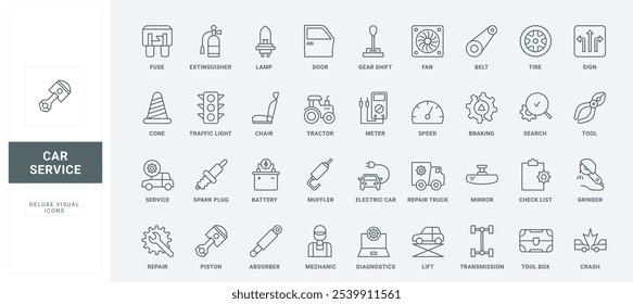 Automotive tire and wheel, brake and fan fix, electric car battery thin black outline symbols vector illustration. Car maintenance and repair service, mechanic tools, equipment line icons set.