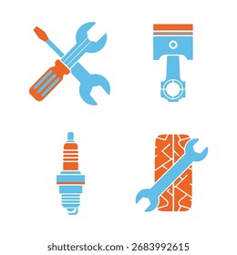 Herramientas y componentes automotrices, incluyendo una llave inglesa, pistón, bujía y neumático.