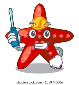 Automotive toy red starfish cartoon above table