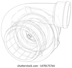 Automotive turbocharger line sketch isolated on white background. Vehicle performance turbo. Car turbocharger sign. Vector rendering of 3d.