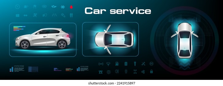 Automotive user interface. Autonomous vehicle control system. Car with parameters and characteristics. Digital navigation panel with vehicle settings