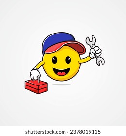 Automotive Vector of cute emoji, holding keys and repair tool box.