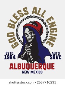 Automotive Vector Design Badge Pray Skull Illustration for Logo, T-shirt Design and Others