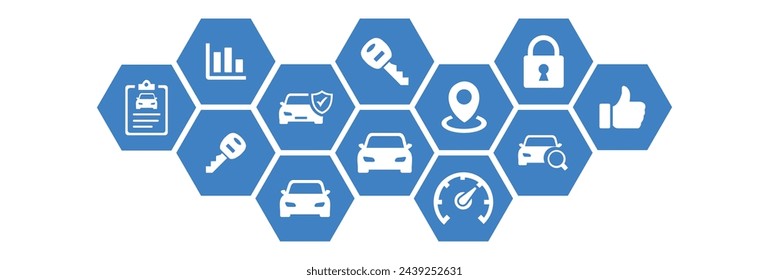 Ilustración vectorial automotriz. Concepto con iconos conectados relacionados con diferentes modelos de coches y conceptos relacionados con el coche: concesionario de coches de alquiler, vehículo nuevo o usado, transporte o coche compartido.