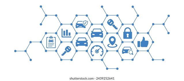 Ilustración vectorial automotriz. Concepto con iconos conectados relacionados con diferentes modelos de coches y conceptos relacionados con el coche: concesionario de coches de alquiler, vehículo nuevo o usado, transporte o coche compartido.