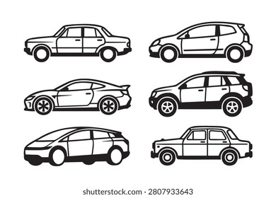 Automotive vehicle assortment collection in simple outline graphic style with sports car