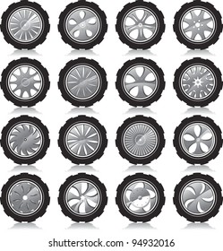 automotive wheel with alloy wheels and crude rubber tires.