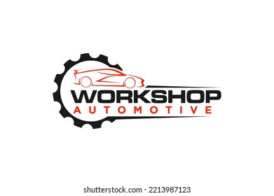 Automotive workshop car garage logo design with gear icon symbol speed shop illustration