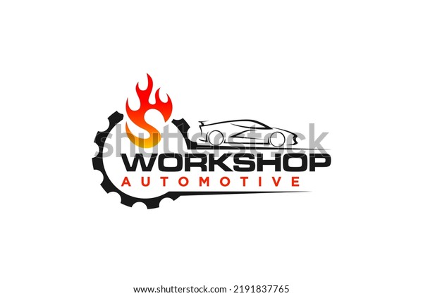 Automotive workshop car garage logo design with\
fire and gear icon\
symbol